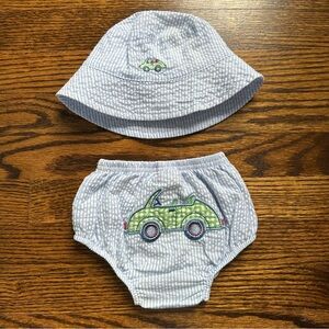 Elegant Baby Blue Striped Seersucker Sun Hat Diaper Cover Set Green Car 6-12 Mts